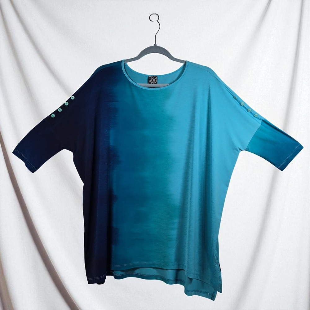 Clara Sun Woo Button Sleeve Ombre‎ Top Tunic Blouse Teal Blue Woman Small Artsy